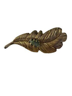 Vintage Gold Tone Leaf Brooch Green Stone Feather Pin Textured Metal
